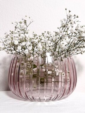 VTG Mauve Pink Ribbed Textured Large Glass Flower Vase Boudoir Home Decor